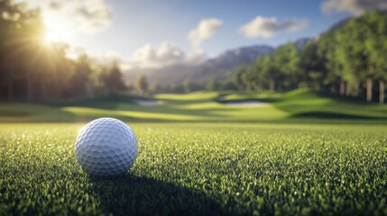 Closeup view of golf ball on green grass lawn