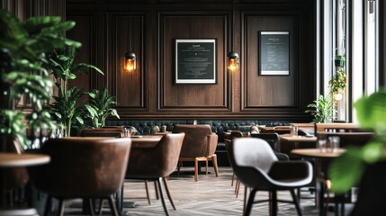 Fototapeta premium A beautifully arranged cafe space featuring dark wood tones, soft lighting, and greenery.