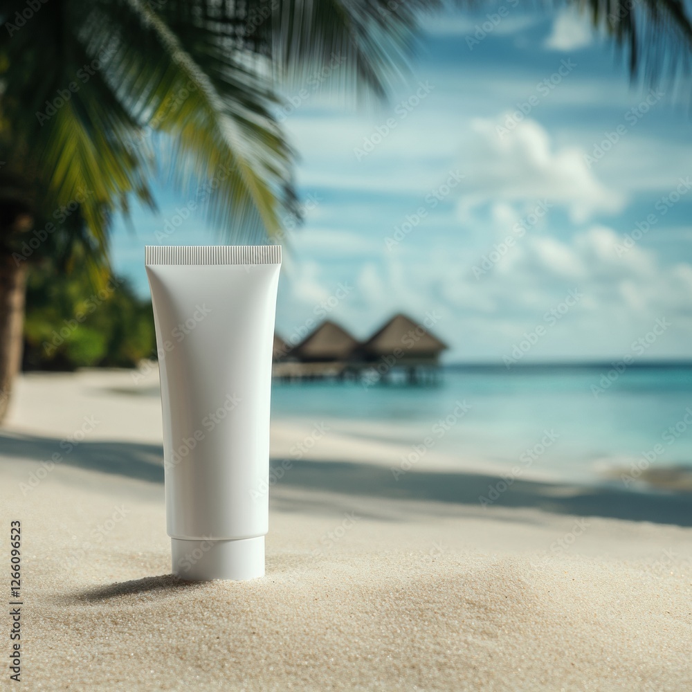 Poster cosmetics cream tube stands on sand at a tranquil beach with palm trees and distant huts under a bri