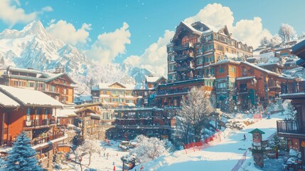 Obraz premium Snowy Alpine Village Resort Town, Ski Slope View