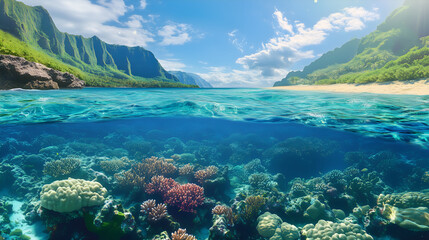 Naklejka premium Aerial view of a coral reef with vibrant marine life and turquoise waters