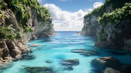 Fototapeta na wymiar Aerial view of a hidden lagoon surrounded by coral reefs and cliffs
