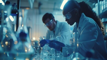 Fototapeta premium Advanced scientific lab, two researchers analyzing chemicals in a flask, discussing findings, medical research, biotechnology, molecular biology