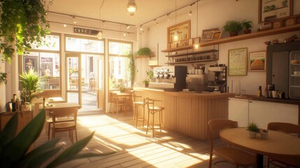 Fototapeta premium A bright and airy cafe with light wooden furniture, potted plants, and warm lighting.