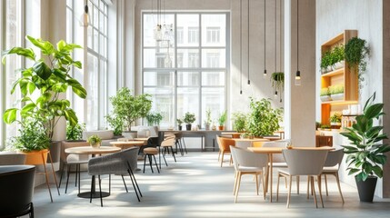 Obraz premium A bright and airy cafe with light wooden furniture, potted plants, and warm lighting.