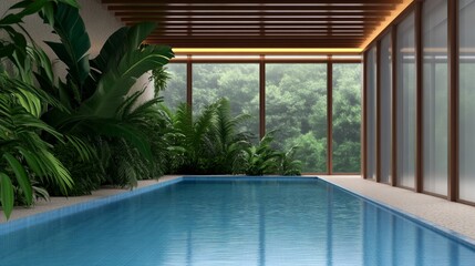 Fototapeta premium Serene indoor swimming pool surrounded by lush greenery and large windows showcasing nature