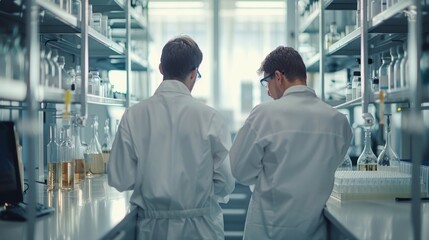 Obraz premium Advanced scientific lab, two researchers analyzing chemicals in a flask, discussing findings, medical research, biotechnology, molecular biology