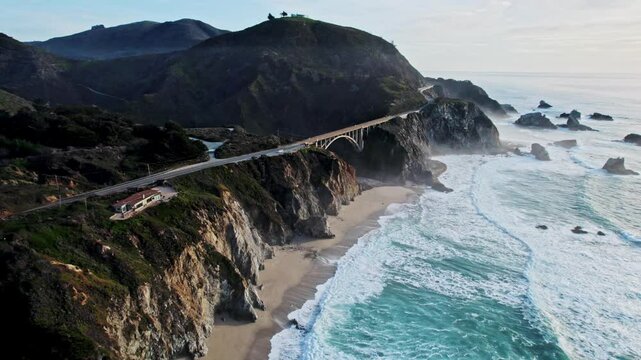 Aerial View of Bixby Bridge Rocky Creek Bridge in Big Sur California Overlooking the Pacific Ocean