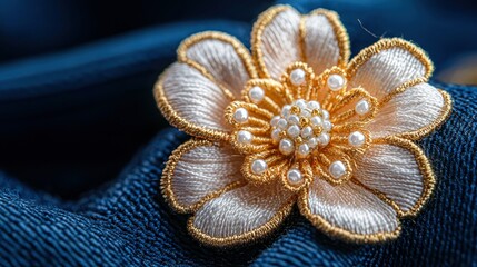 Embroidered flower with pearl details on folded, crumpled blue fabric, macro shot