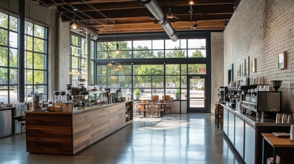 Fototapeta premium A contemporary loft coffee shop with glass panels, metal beams, and a rustic touch.