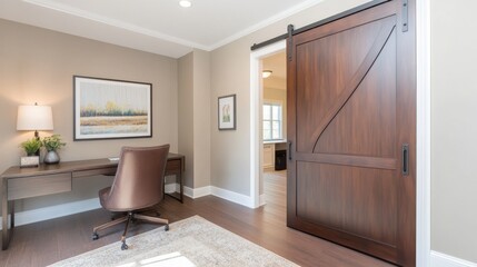 Modern home office with wooden sliding door, stylish desk, and bright interior design