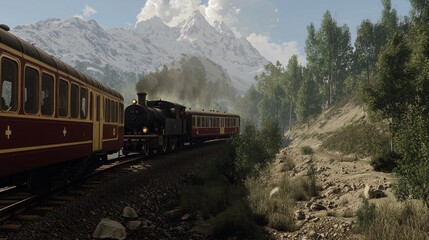 Obraz premium Scenic vintage steam train travels mountain pass, snow-capped peaks in background