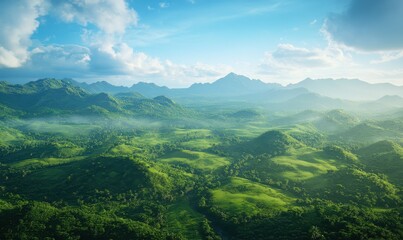 A wide landscape of lush green fields under a bright blue sky, soft morning light enhancing the natural beauty, calm and peaceful vibe