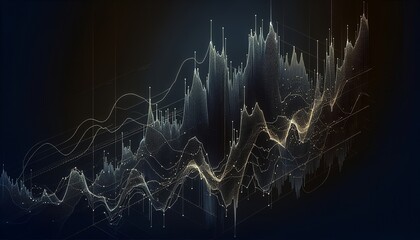An abstract financial chart with dynamic lines and data points that illustrate market trends, data analysis, and economic fluctuations.
