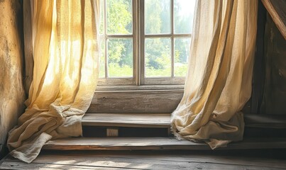 A rustic window featuring linen drapes and wooden steps.