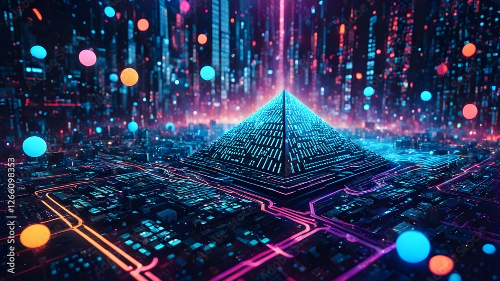 Wall mural neon-lit pyramid structure sits atop a futuristic circuit board against a backdrop of a vibrant, glo