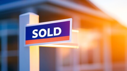 Real estate sign indicating property sold at sunset, with a blurred house in the background