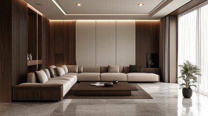 A high-rise condo with a clean, luxurious aesthetic, offering a cozy atmosphere and a balcony garden view.
