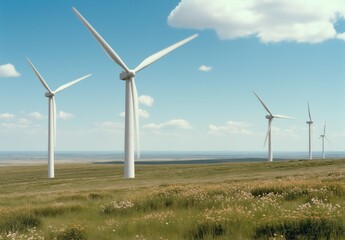 Fototapeta premium Expansive landscape featuring modern wind turbines amidst lush greenery and clear blue skies for sustainable energy focus