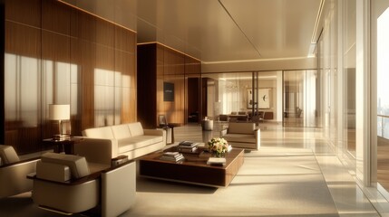 Naklejka premium A luxurious high-rise apartment with a stylish living area, clean decor, and a small floral balcony retreat.