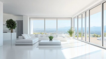 A minimalist white living room with natural light streaming through large windows.