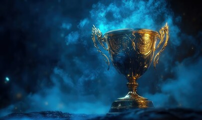 A sophisticated gold trophy bathed in mystical light, accentuated by glistening blue mist.