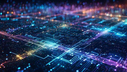 Obraz premium Abstract digital circuit board with glowing lines and bokeh city background.