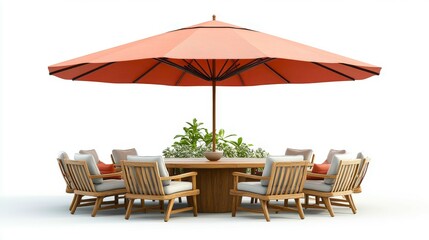 Fototapeta premium Circular wooden outdoor dining table with soft grey chairs and pastel pink umbrella