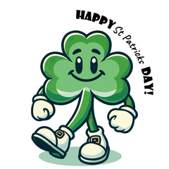 Retro cartoon shamrock character illustration for St. Patrick's Day. Cute green happy clover with gloves and sneakers. Fun holiday mascot perfect for St. Patrick's Day celebration theme design.