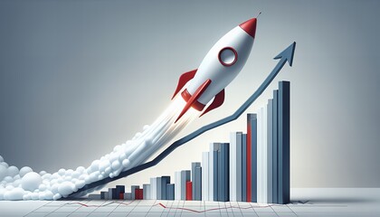 A dynamic rocket soaring upward, symbolizing rapid growth and success, with a rising arrow and bar graph illustrating business progress and financial achievement.

