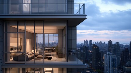 A modern, high-rise condo with a sleek aesthetic, soft lighting, and an elegant balcony overlooking the city.