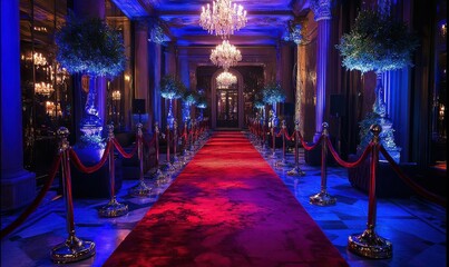 A sumptuous red carpet event highlighted by elegant lighting and velvet ropes.