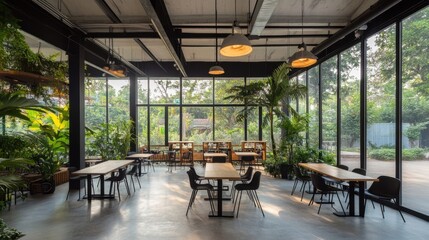 Fototapeta premium A modern loft-style cafe with glass walls, metal beams, and minimalist black furniture.