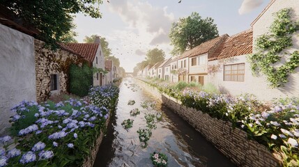 Fototapeta premium Quaint canal town, morning sun, lush greenery, peaceful scene. Possible use real estate, travel