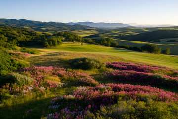 Abstract patterns in vibrant spring wildflower meadow from drone view