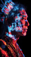 Fototapeta premium Vibrant tribal portrait featuring luminous projections on a man's face and headdress in a dark environment