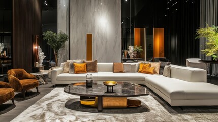 A sophisticated living room with a white sectional sofa and abstract decor.