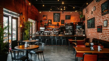 A stylish cafe with high ceilings, black metal decor, and artistic industrial furnishings.