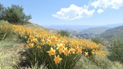 Sunny hillside daffodil field, mountain view,  spring flowers