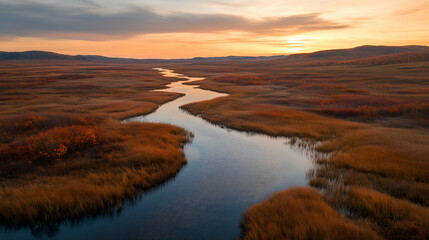 Abstract patterns in autumn marshland with winding waterways from drone view