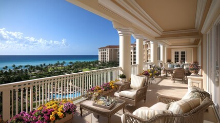 Fototapeta premium A stylish, elegant condo featuring neutral color palettes, comfortable furniture, and a flower-adorned balcony.
