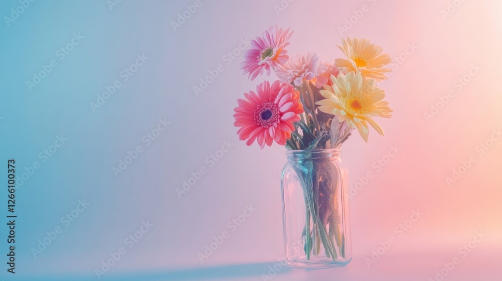 Aufkleber Colorful gerbera daisies arranged in a glass jar against a soft gradient background. Generative AI