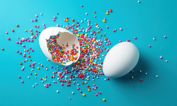 A white eggshell, cracked open, spills colorful candy sprinkles against a bright turquoise background, setting a playful and whimsical tone for creative projects