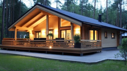 Fototapeta premium Experience a serene wooden cabin nestled in the forest, illuminated by warm lights at dusk, perfect for a relaxing getaway