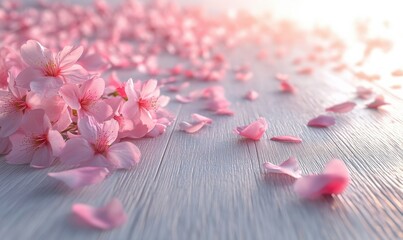 Obraz premium Close-up of delicate pink cherry blossom petals scattered on a light wooden surface, with soft natural light enhancing the colors.