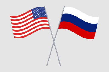 Obraz premium Flags of Russia and the USA, symbolizing relations and negotiations between the two countries.
