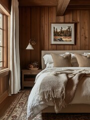 Cozy and warm bedroom with wooden walls and soft textiles