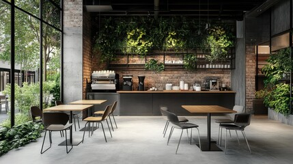Fototapeta premium A trendy loft cafe with metal-framed furniture, brick walls, and a modern minimalist vibe.