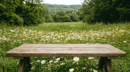 Fototapeta premium Rustic wooden bench in daisy field, scenic background, idyllic nature scene, perfect for product display