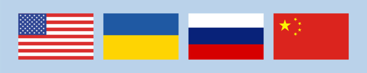 Flags of USA, China, Russia, Ukraine. Flag icon.
